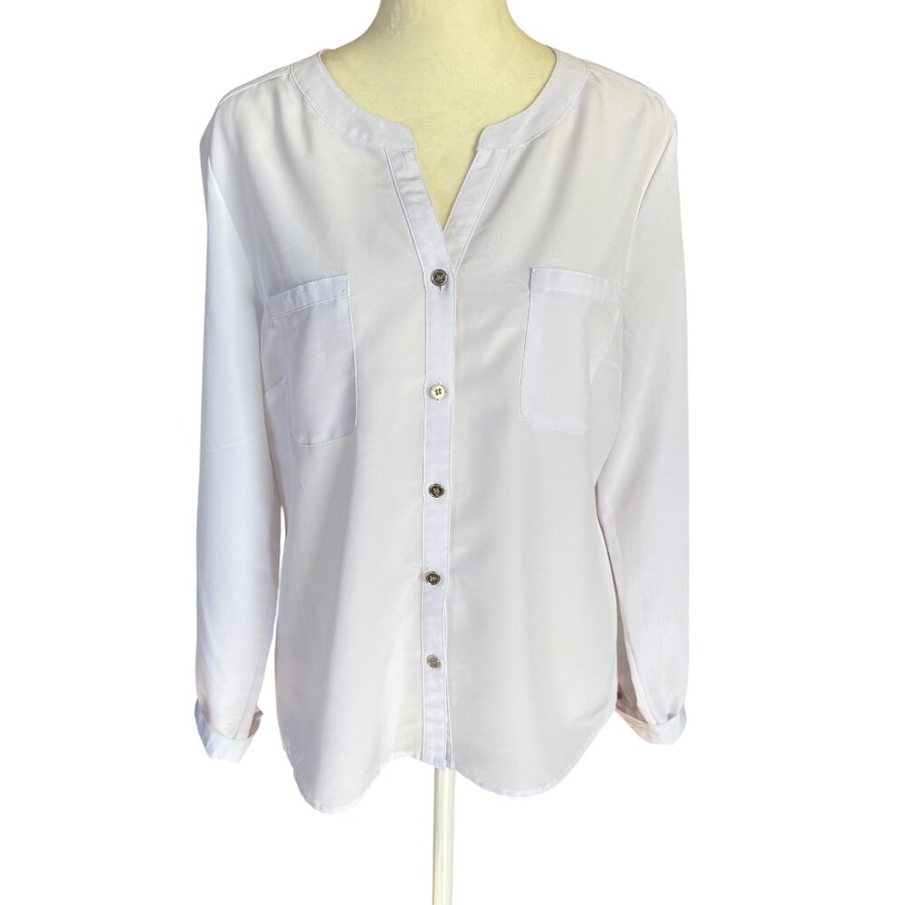 Notations Petite white long sleeve button down blouse women's size PL